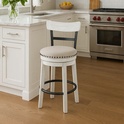 Zane Swivel 24.5 Inch Counter Stool Chair | Nailhead Trim | Curved Back | Distressed White and Black