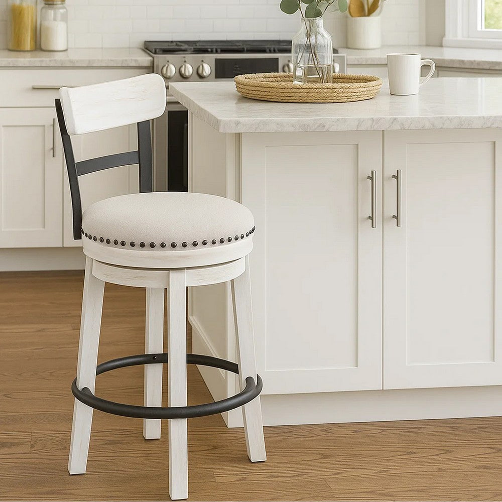 Zane Swivel 24.5 Inch Counter Stool Chair | Nailhead Trim | Curved Back | Distressed White and Black