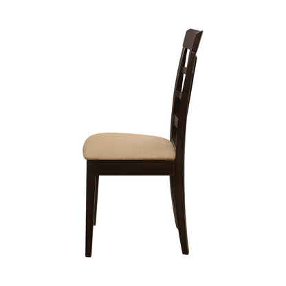 17 Inch Side Dining Chair, Set of 2, Lattice Back Brown Wood, Tan Fabric