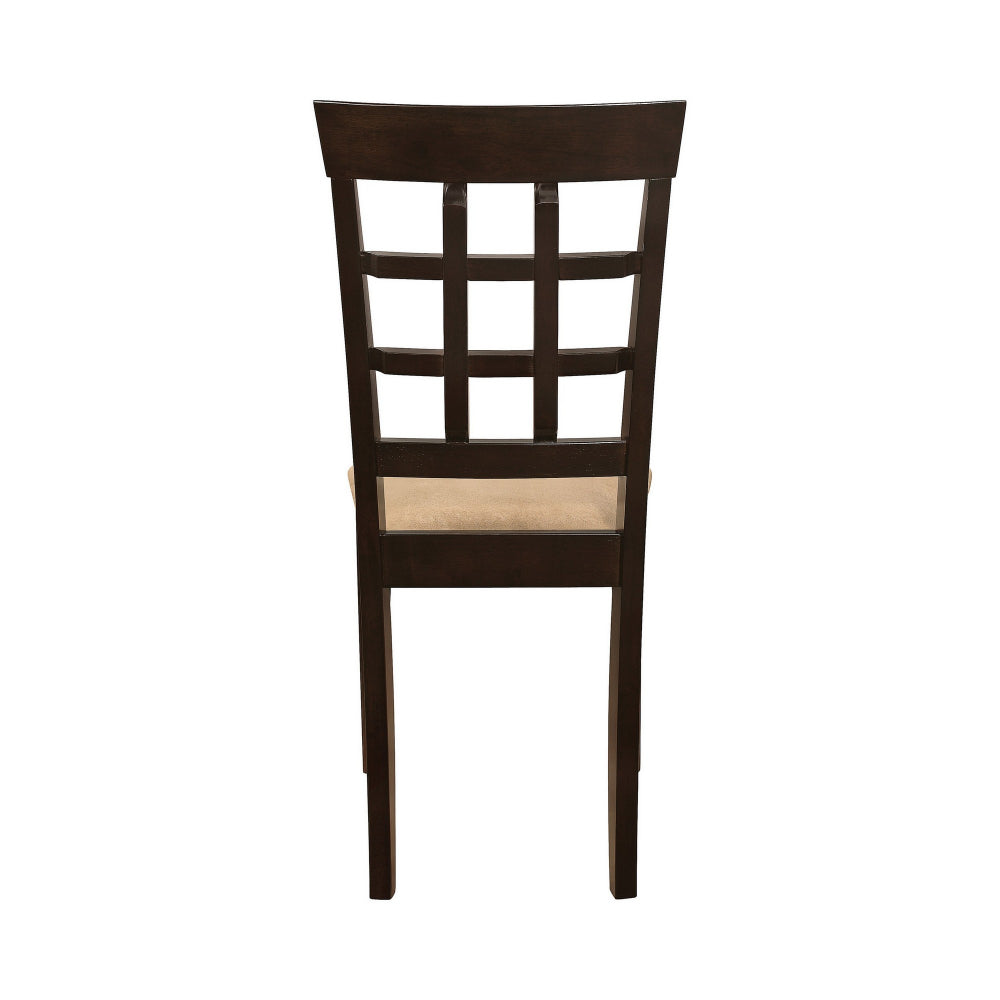 17 Inch Side Dining Chair, Set of 2, Lattice Back Brown Wood, Tan Fabric