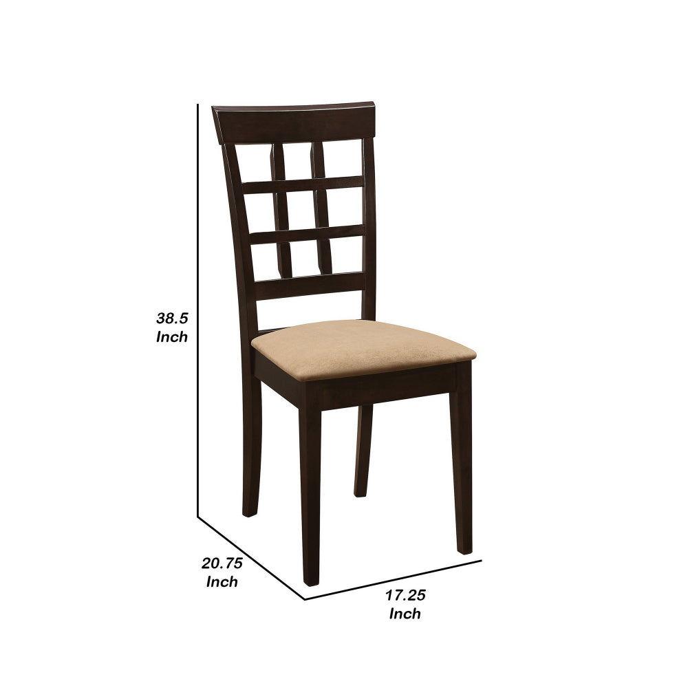 17 Inch Side Dining Chair, Set of 2, Lattice Back Brown Wood, Tan Fabric