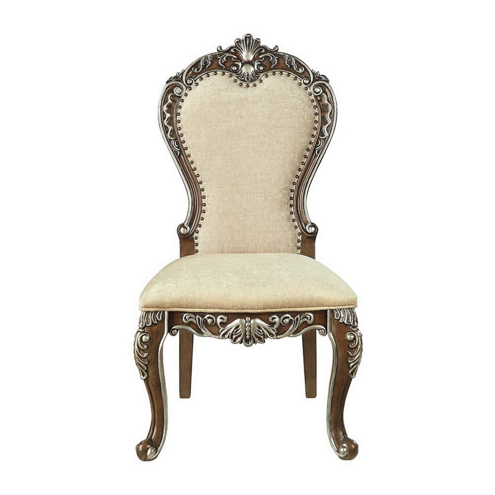 24 Inch Side Dining Chair, Set of 2, Vintage Oak Brown, Beige Chenille