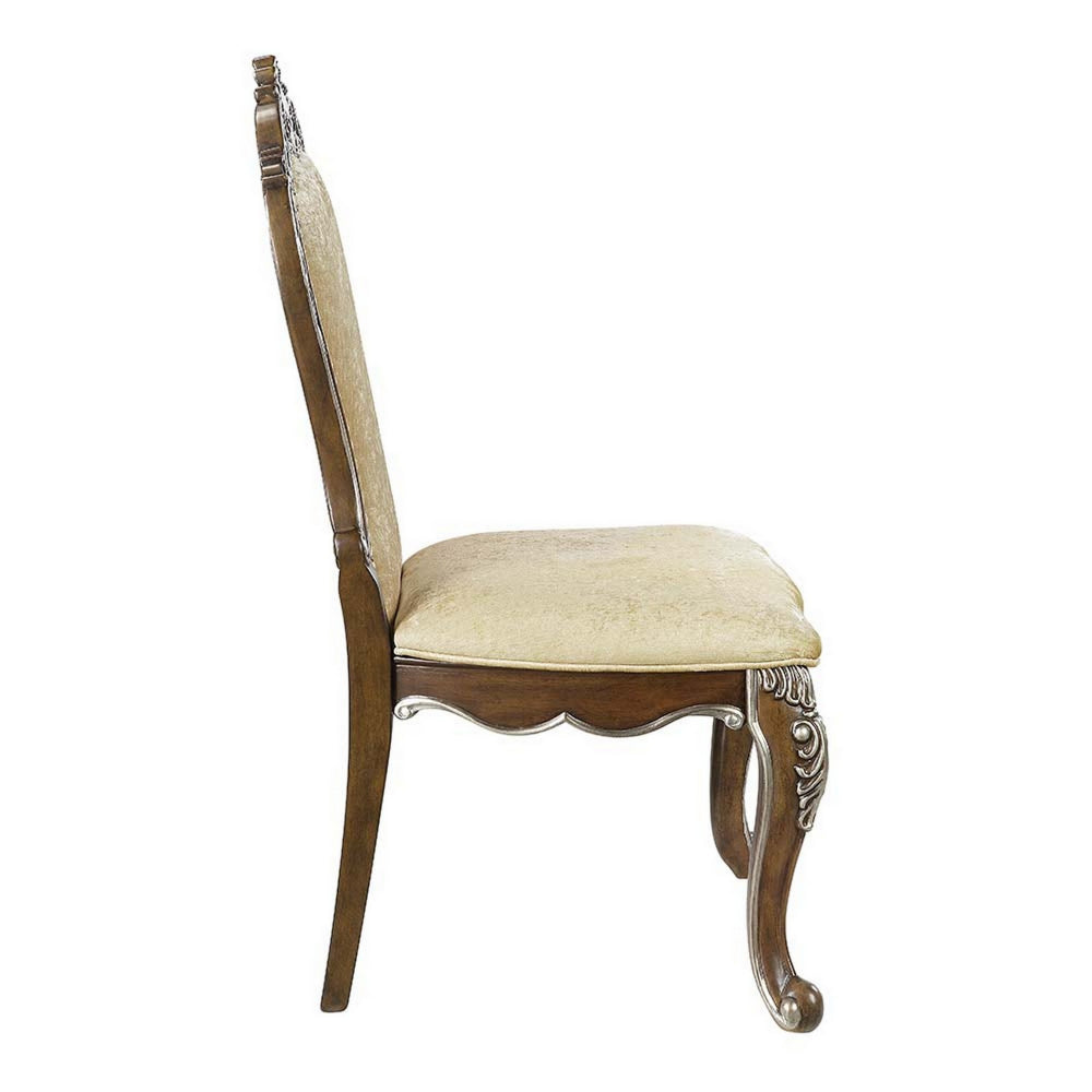 24 Inch Side Dining Chair, Set of 2, Vintage Oak Brown, Beige Chenille