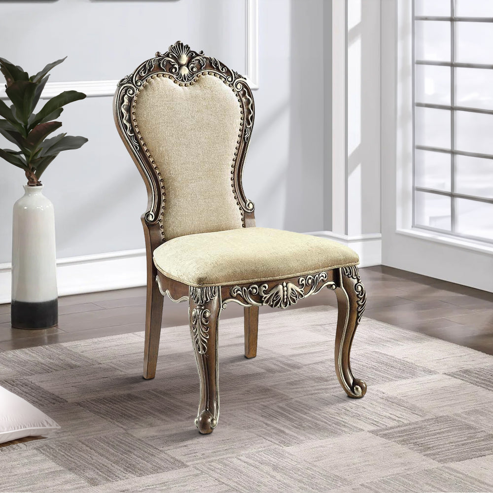 24 Inch Side Dining Chair, Set of 2, Vintage Oak Brown, Beige Chenille