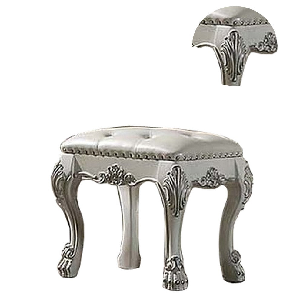 Aurora 20 Inch Carved Wood Vanity Stool, Faux Leather, Claw Feet, White