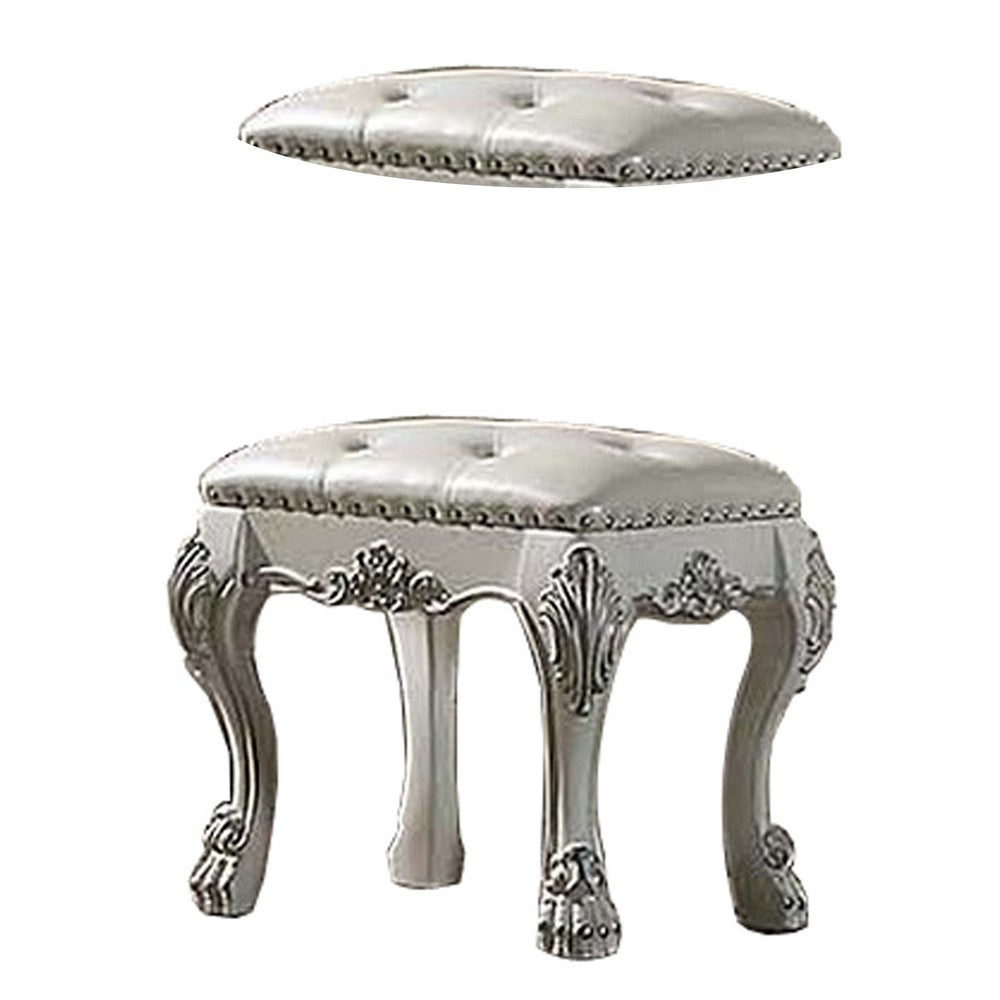 Aurora 20 Inch Carved Wood Vanity Stool, Faux Leather, Claw Feet, White