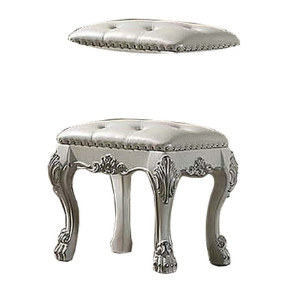 Aurora 20 Inch Carved Wood Vanity Stool, Faux Leather, Claw Feet, White