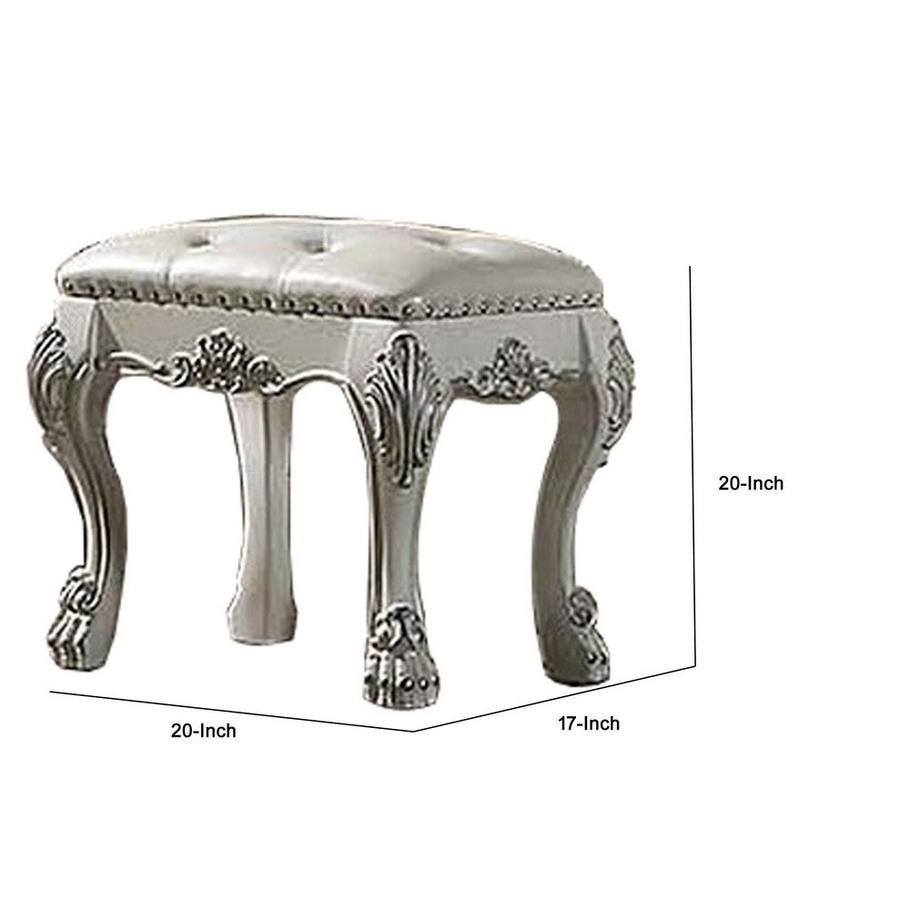 Aurora 20 Inch Carved Wood Vanity Stool, Faux Leather, Claw Feet, White