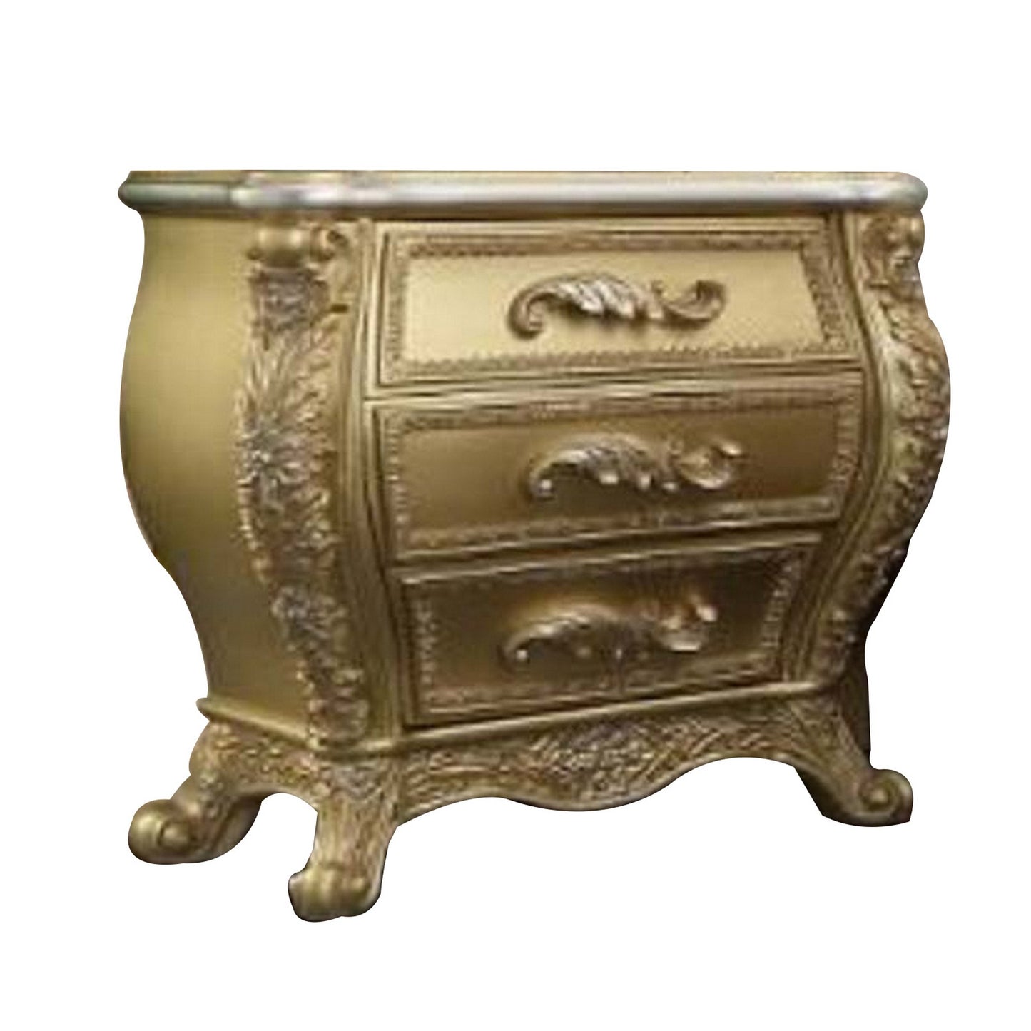 Vega 32 Inch Nightstand, 3 Drawers, Scrolled Elegant Gold Floral Motifs — Chic Home-Decor