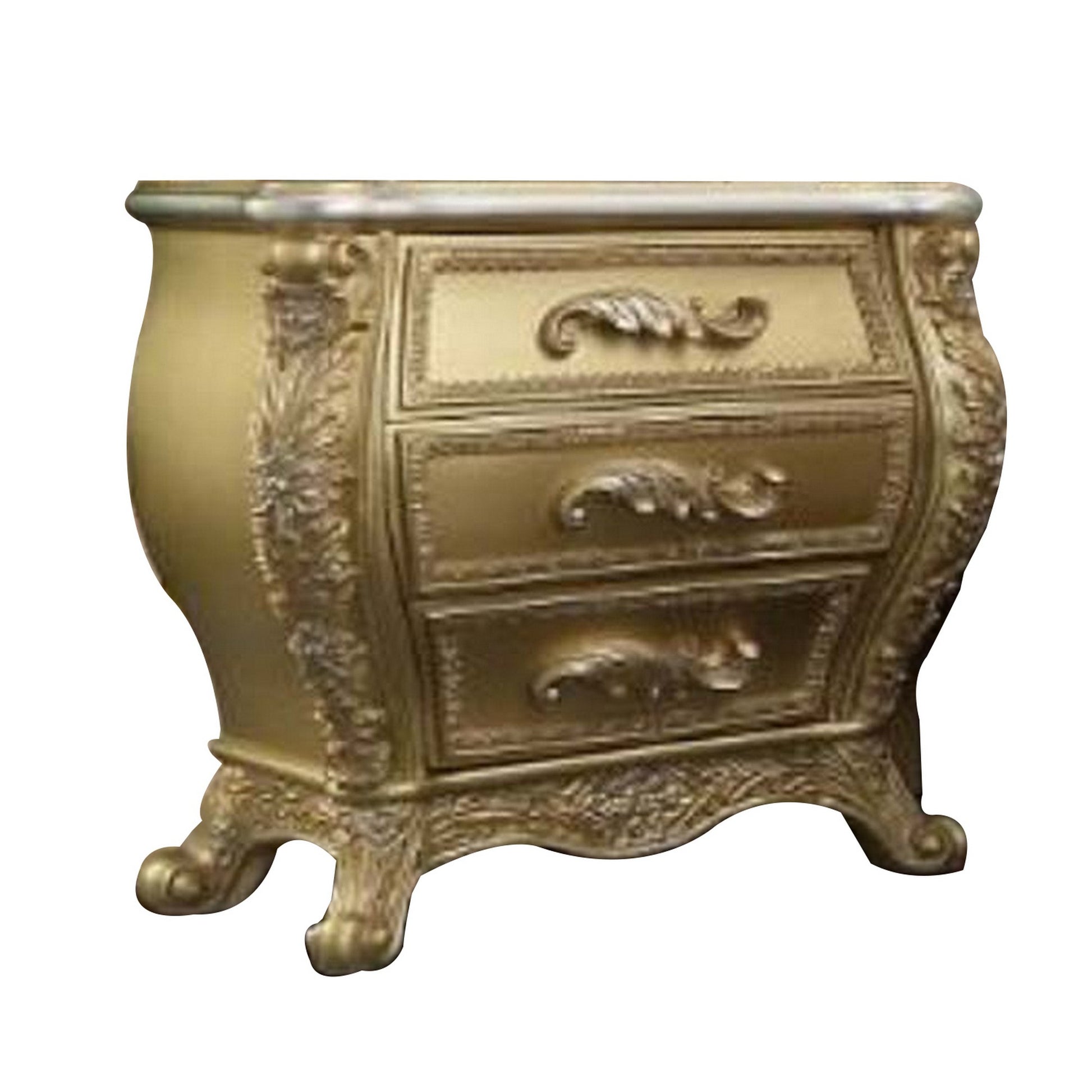 Vega 32 Inch Nightstand, 3 Drawers, Scrolled Elegant Gold Floral Motifs — Chic Home-Decor