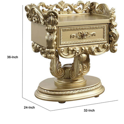 Altair 36 Inch Luxury Nightstand, 1 Drawer, Scrolled Motifs, Gold Finish