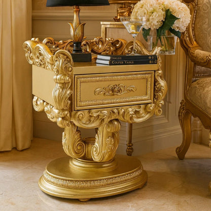 Altair 36 Inch Luxury Nightstand, 1 Drawer, Scrolled Motifs, Gold Finish