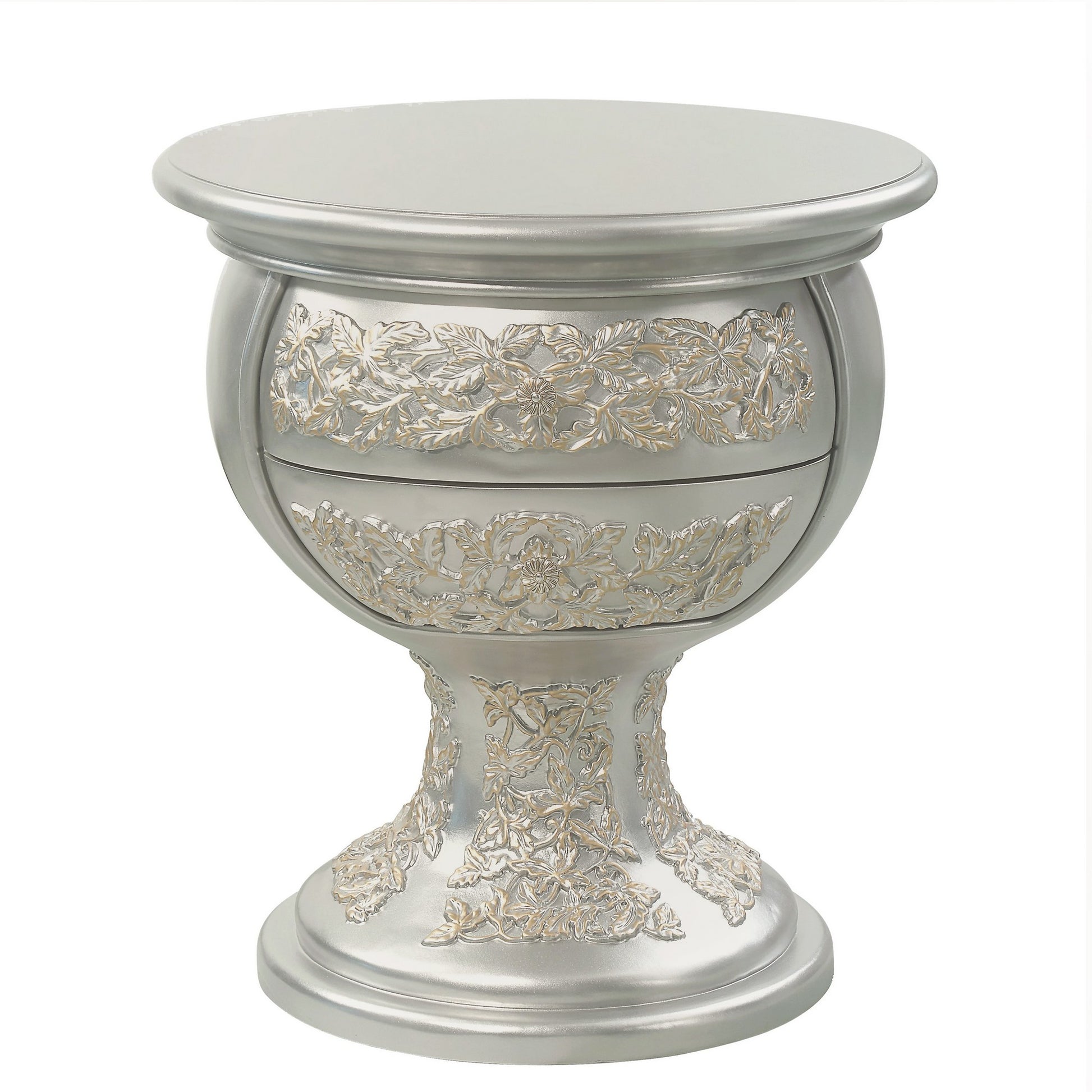 Deneb 30 Inch Luxury Round Nightstand, Gold Floral Motifs, Vintage Silver — Chic Home-Decor