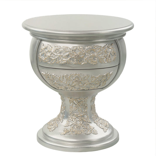 Deneb 30 Inch Luxury Round Nightstand, Gold Floral Motifs, Vintage Silver — Chic Home-Decor