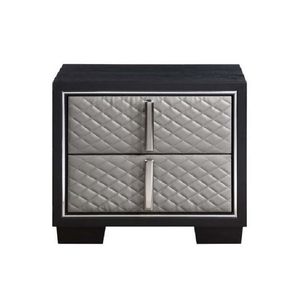 Fiz 28 Inch Modern Nightstand, Quilted Faux Leather Front, Silver, Black