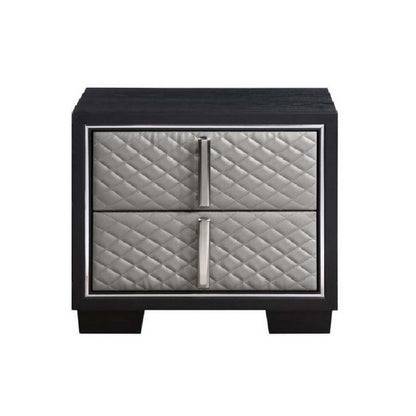 Fiz 28 Inch Modern Nightstand, Quilted Faux Leather Front, Silver, Black