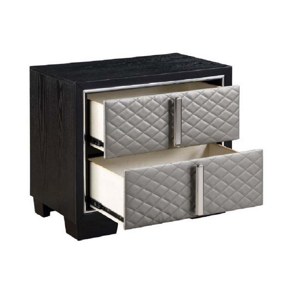 Fiz 28 Inch Modern Nightstand, Quilted Faux Leather Front, Silver, Black