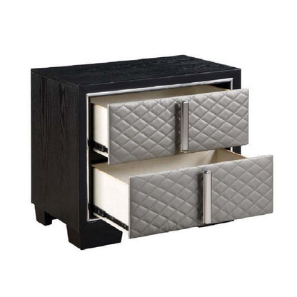 Fiz 28 Inch Modern Nightstand, Quilted Faux Leather Front, Silver, Black