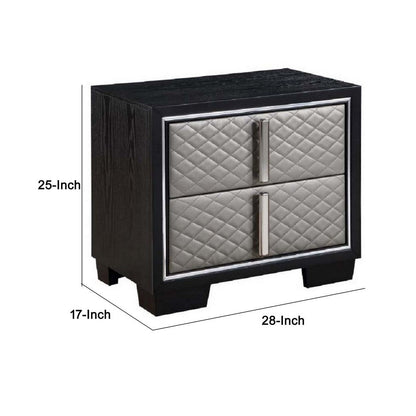 Fiz 28 Inch Modern Nightstand, Quilted Faux Leather Front, Silver, Black