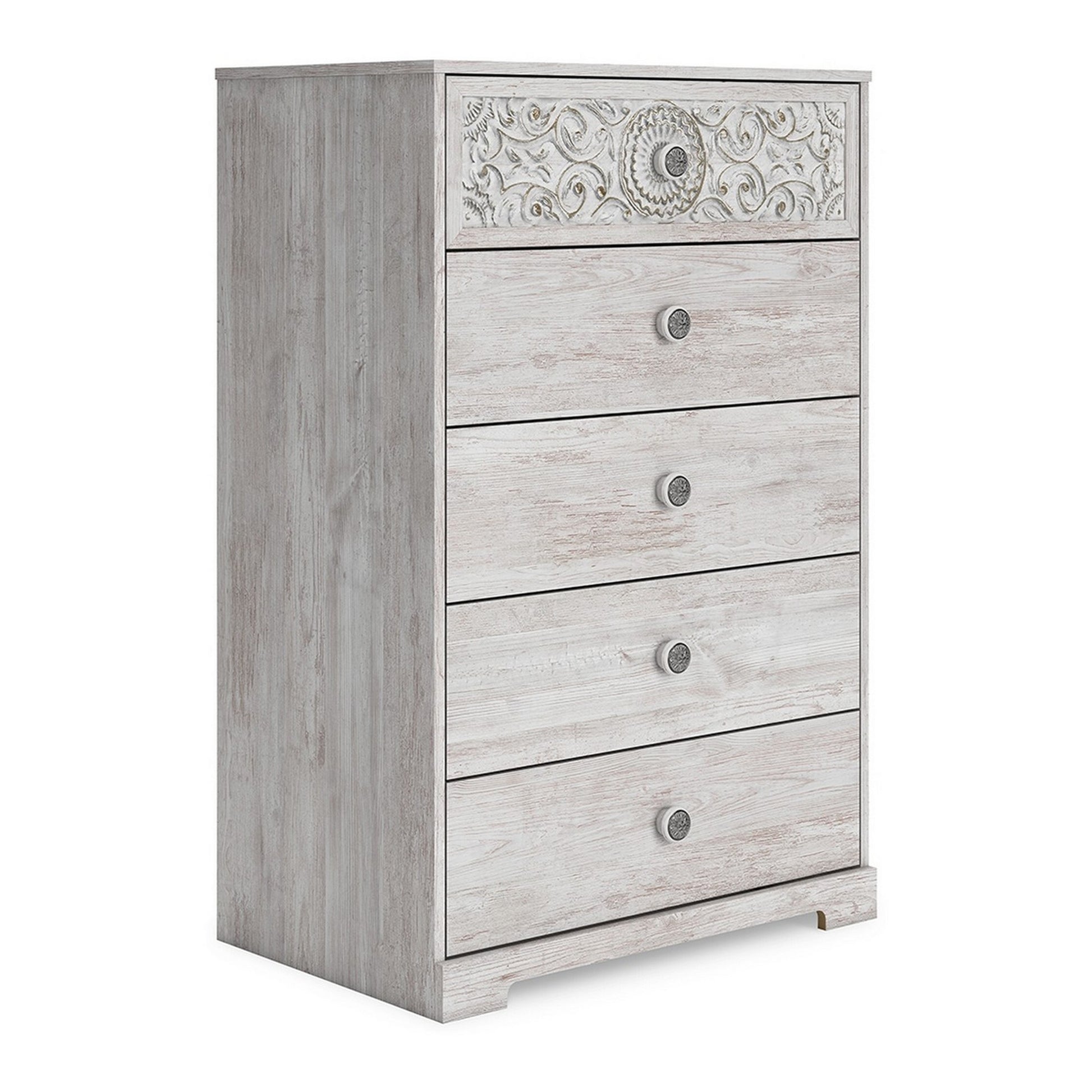46 Inch 5 Drawer Modern Tall Dresser Chest, Whitewashed Carved Design Wood — Chic Home-Decor