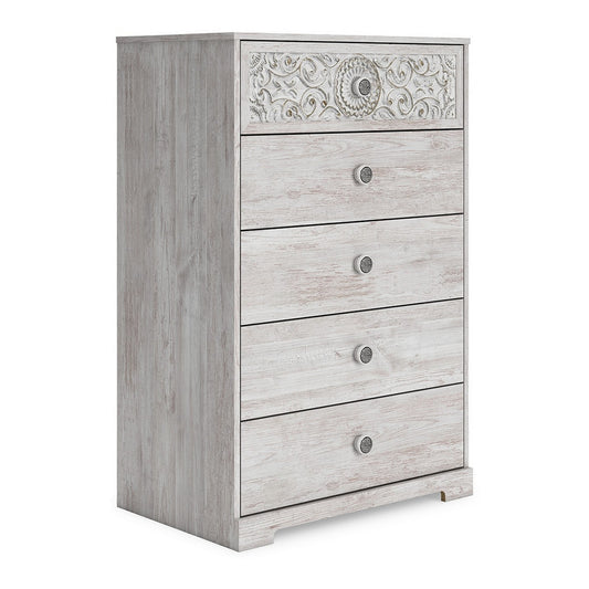 46 Inch 5 Drawer Modern Tall Dresser Chest, Whitewashed Carved Design Wood — Chic Home-Decor