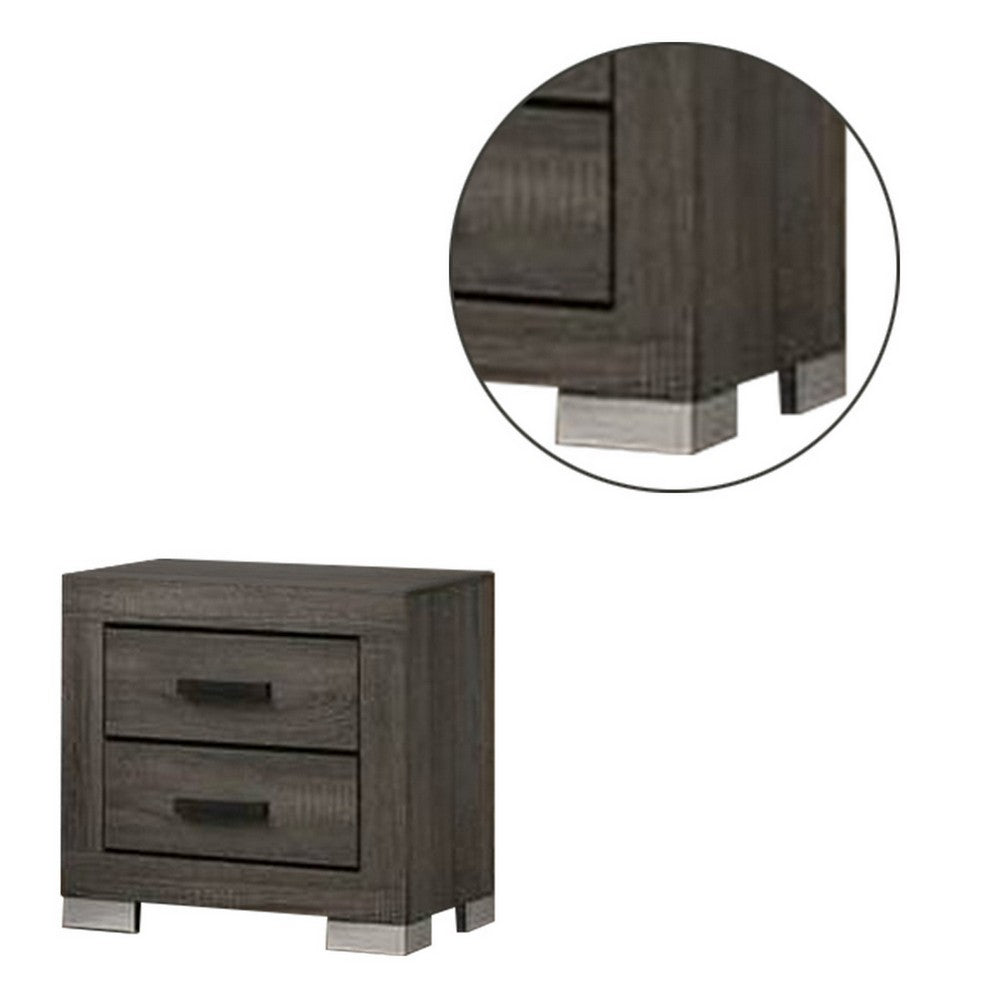 Lola 22 Inch Wood Nightstand with 2 Drawers, Metal Bar Handles, Dark Gray