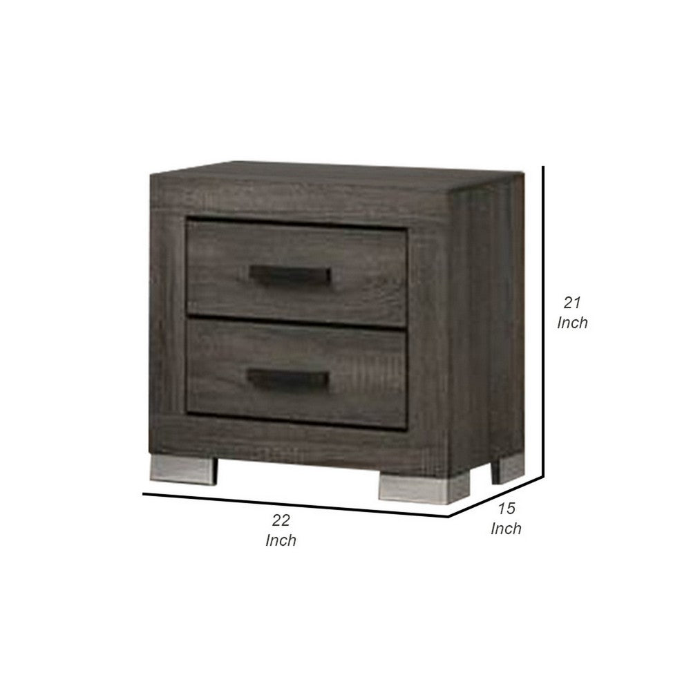 Lola 22 Inch Wood Nightstand with 2 Drawers, Metal Bar Handles, Dark Gray