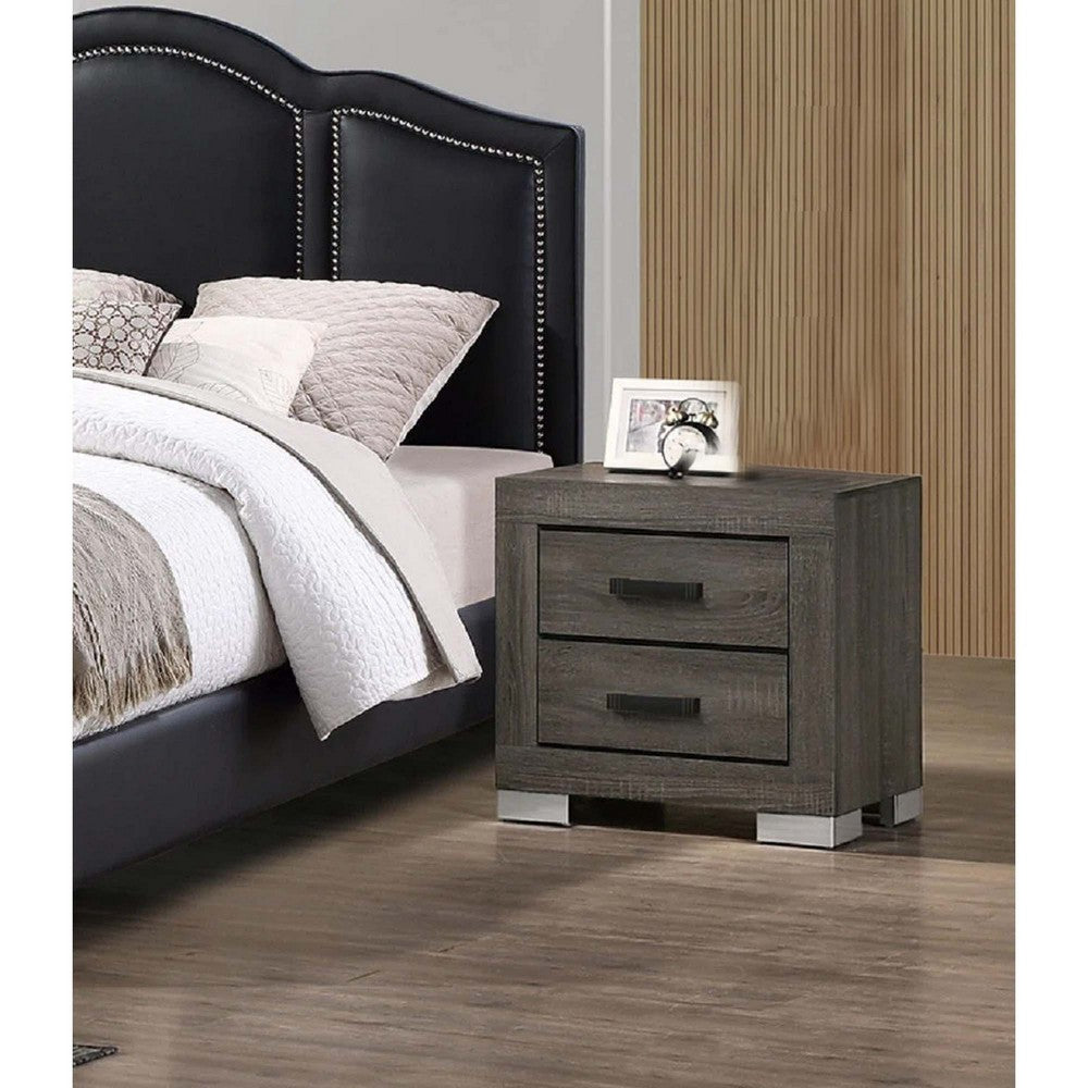 Lola 22 Inch Wood Nightstand with 2 Drawers, Metal Bar Handles, Dark Gray