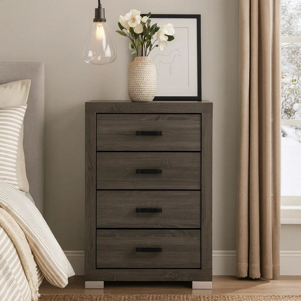 Lola 46 Inch Tall Dresser Chest, 4 Drawers, Metal Bar Handles, Dark Gray