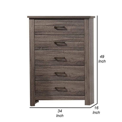 Soma 49 Inch Rustic 5 Drawer Tall Dresser Chest, Bar Handles, Oak Gray