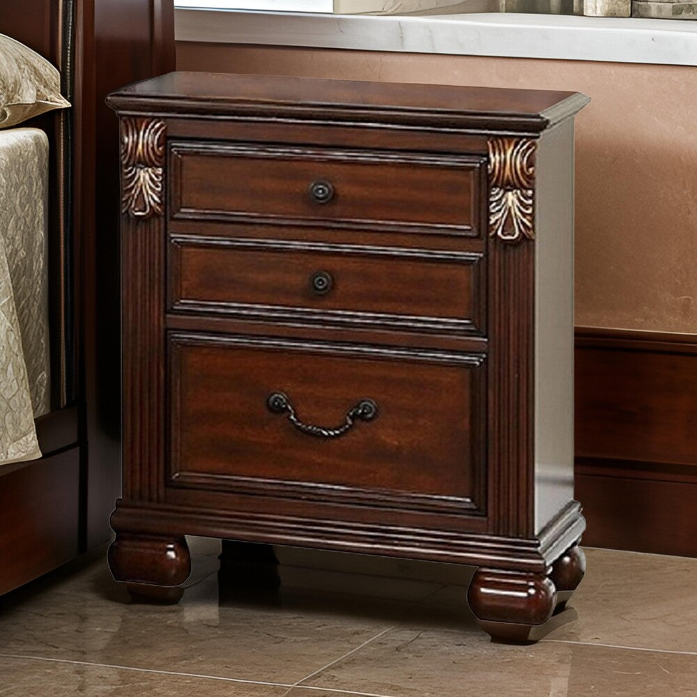 Miri 25 Inch 3 Drawer Nightstand, Brass Carved Accents, Cherry Oak Brown