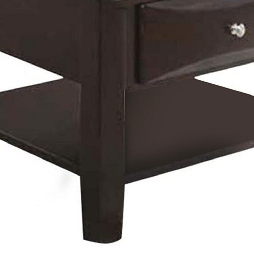 24 Inch Classic Square End Table, Single Drawer, Bottom Shelf, Brown Wood