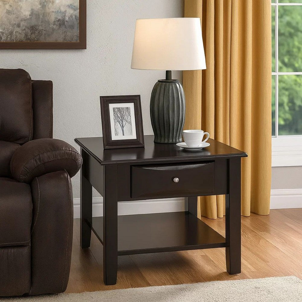 24 Inch Classic Square End Table, Single Drawer, Bottom Shelf, Brown Wood