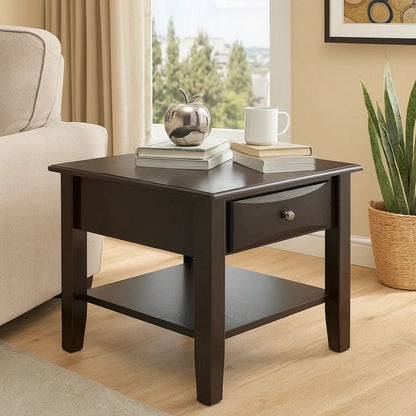 24 Inch Classic Square End Table, Single Drawer, Bottom Shelf, Brown Wood