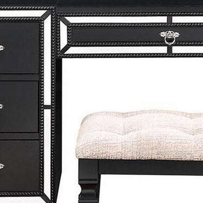 Sosi 47 Inch Vanity Desk Set, Padded Stool, 3 Mirror Inlaid Drawers, Black