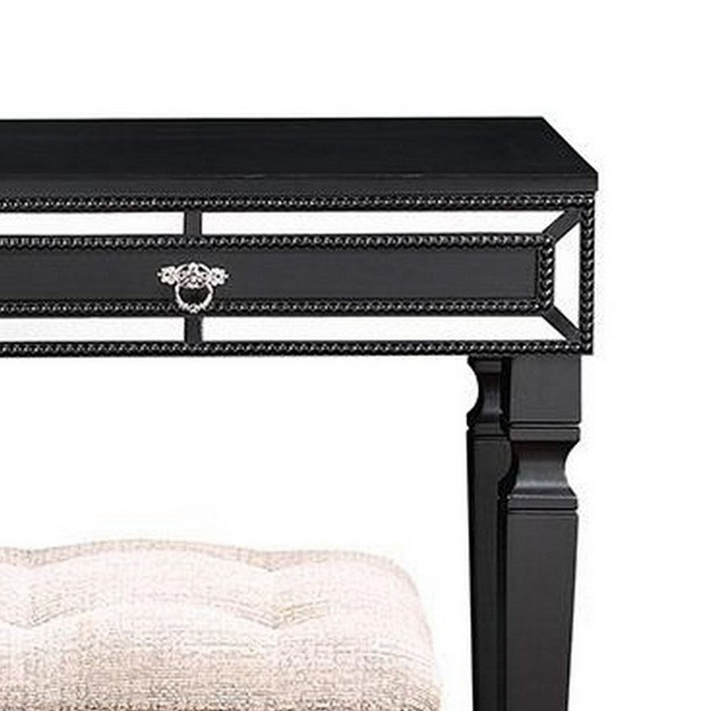 Sosi 47 Inch Vanity Desk Set, Padded Stool, 3 Mirror Inlaid Drawers, Black