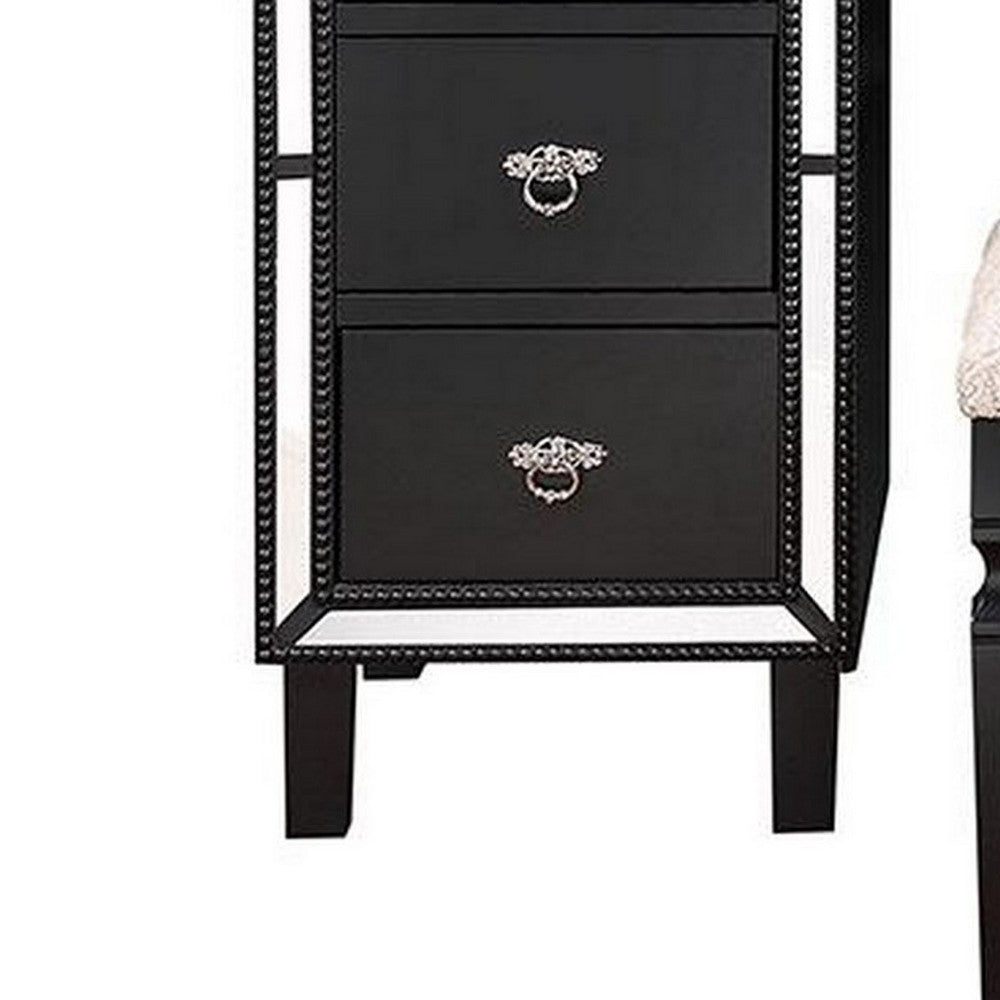 Sosi 47 Inch Vanity Desk Set, Padded Stool, 3 Mirror Inlaid Drawers, Black