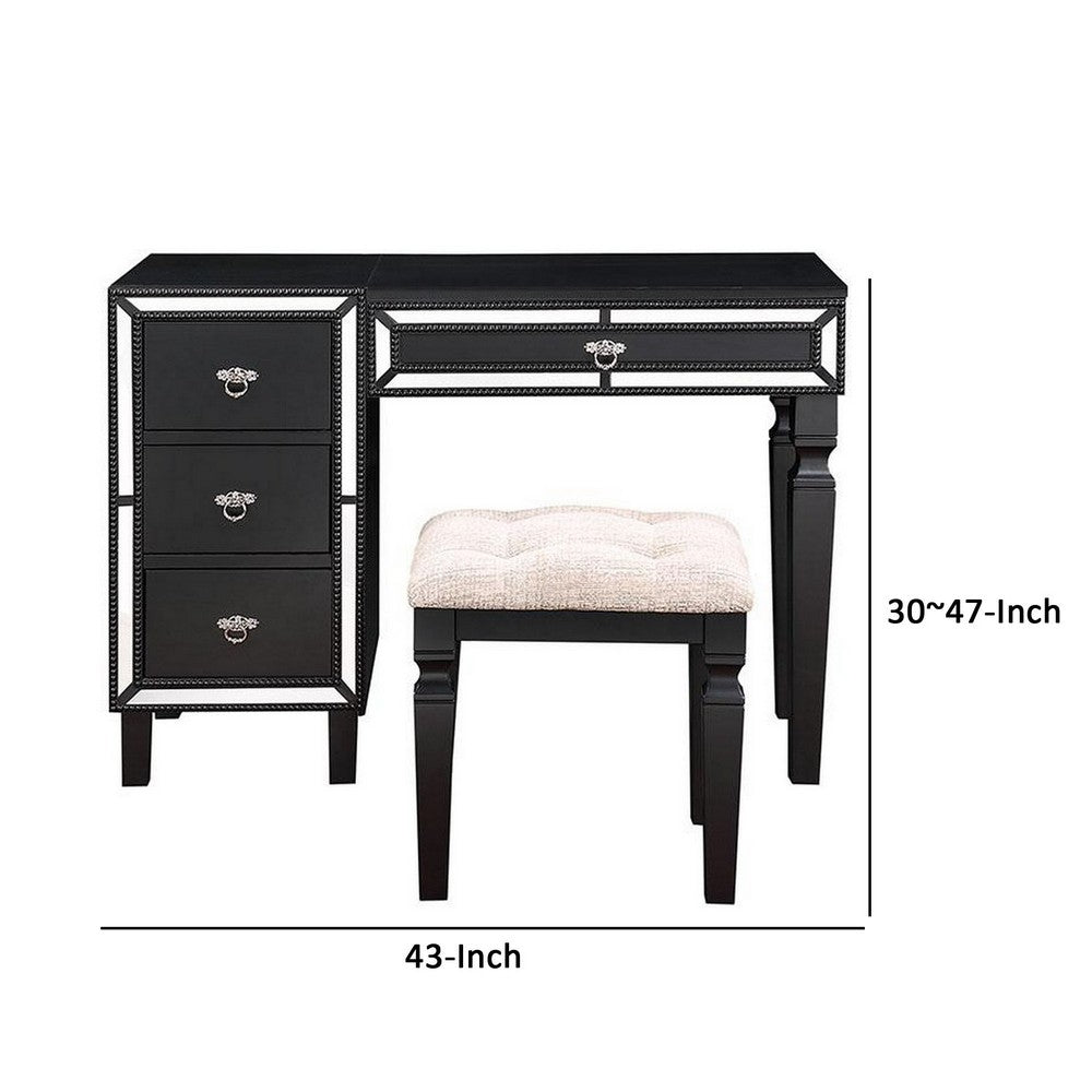 Sosi 47 Inch Vanity Desk Set, Padded Stool, 3 Mirror Inlaid Drawers, Black