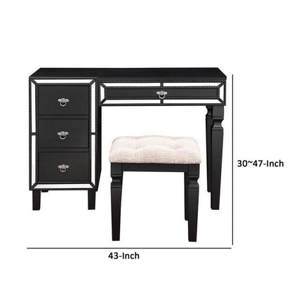 Sosi 47 Inch Vanity Desk Set, Padded Stool, 3 Mirror Inlaid Drawers, Black