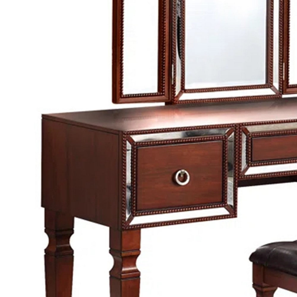 Thuy 60 Inch Vanity Desk Set, Upholstered Stool, Trifold Mirror, Brown