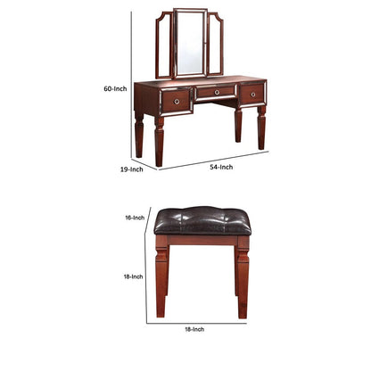 Thuy 60 Inch Vanity Desk Set, Upholstered Stool, Trifold Mirror, Brown