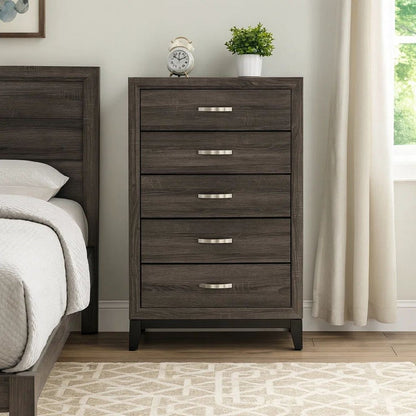50 Inch Classic 5 Drawer Tall Dresser Chest with Metal Handles, Oak Gray