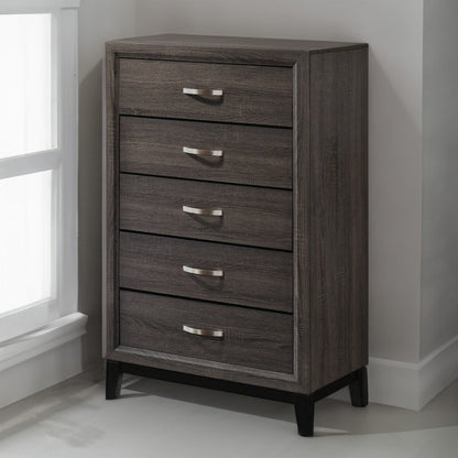 50 Inch Classic 5 Drawer Tall Dresser Chest with Metal Handles, Oak Gray