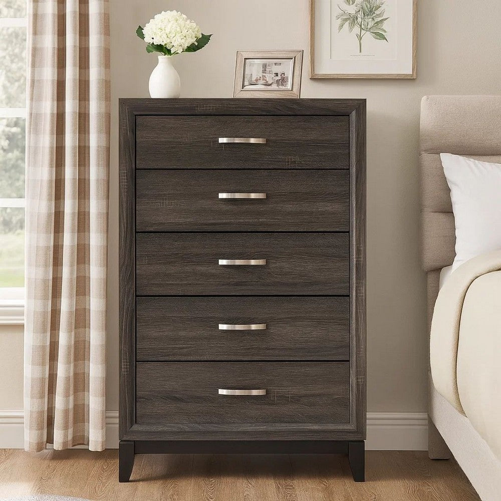 50 Inch Classic 5 Drawer Tall Dresser Chest with Metal Handles, Oak Gray