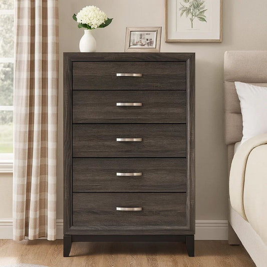 50 Inch Classic 5 Drawer Tall Dresser Chest with Metal Handles, Oak Gray
