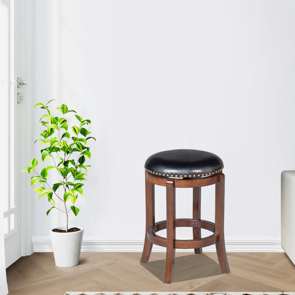 Ovi 24 Inch Wooden Swivel Counter Stool, Faux Leather Seat, Walnut Brown
