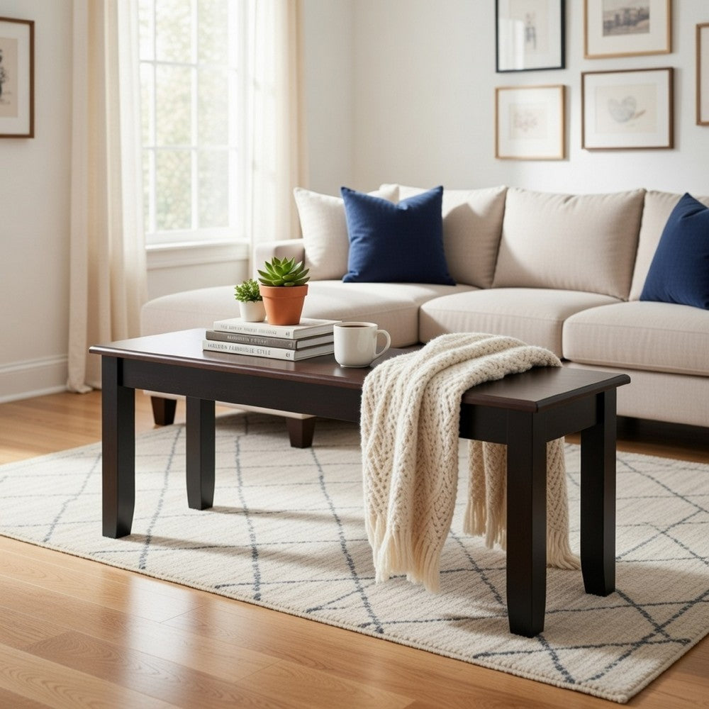 Zoy 48 Inch Wood Dining Bench, Cherry Brown Top, Classic Black Tapered Legs