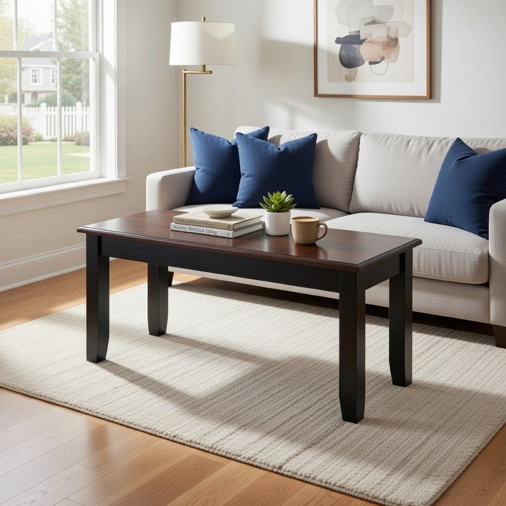 Zoy 48 Inch Wood Dining Bench, Cherry Brown Top, Classic Black Tapered Legs