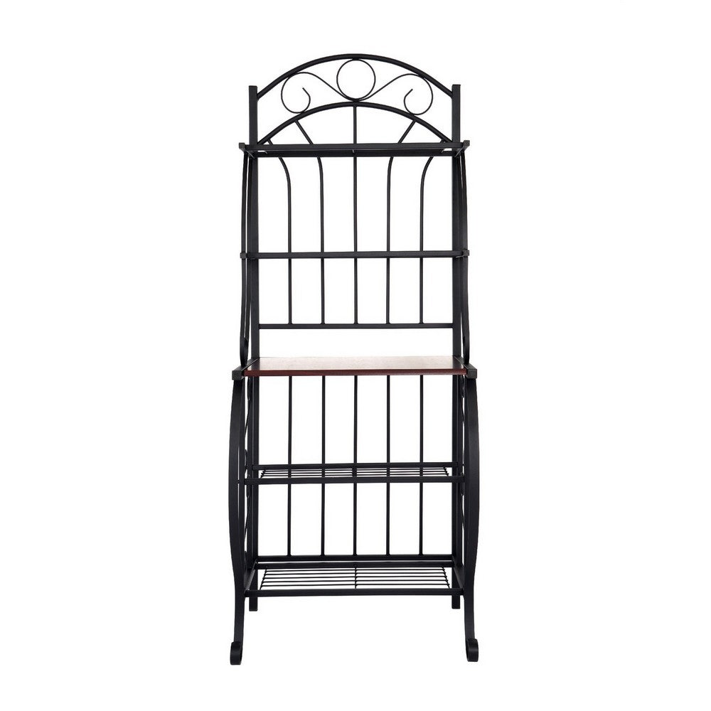 65 Inch 5 Tier Bakers Rack, Middle Wood Shelf, Carved Black Metal Frame