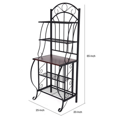 65 Inch 5 Tier Bakers Rack, Middle Wood Shelf, Carved Black Metal Frame